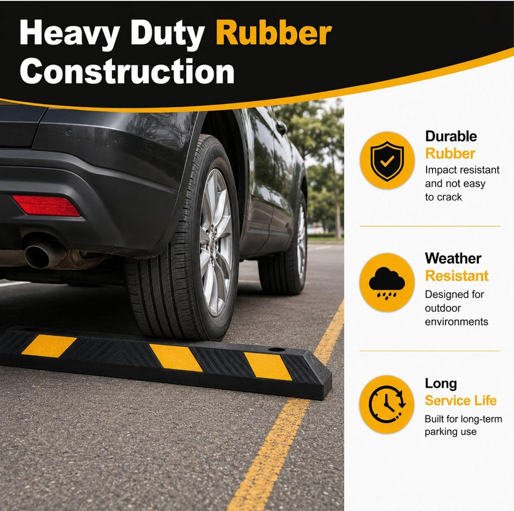 72" Heavy Duty Rubber Parking Stopper for Garage – 6-Foot Long Wheel Stopper with Reflective Stripe, UV-Resistant