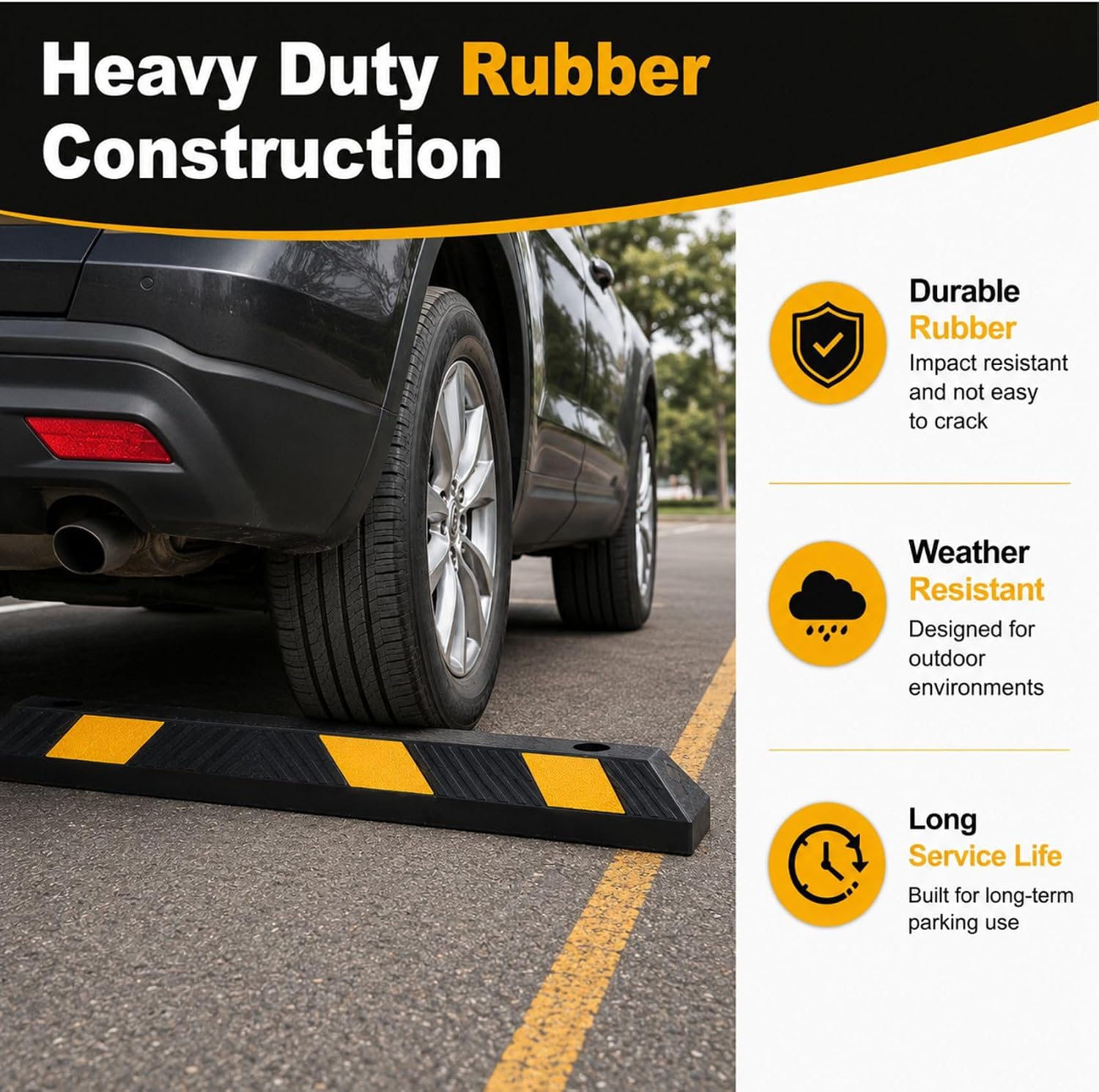 72" Heavy Duty Rubber Parking Stopper for Garage – 6-Foot Long Wheel Stopper with Reflective Stripe, UV-Resistant