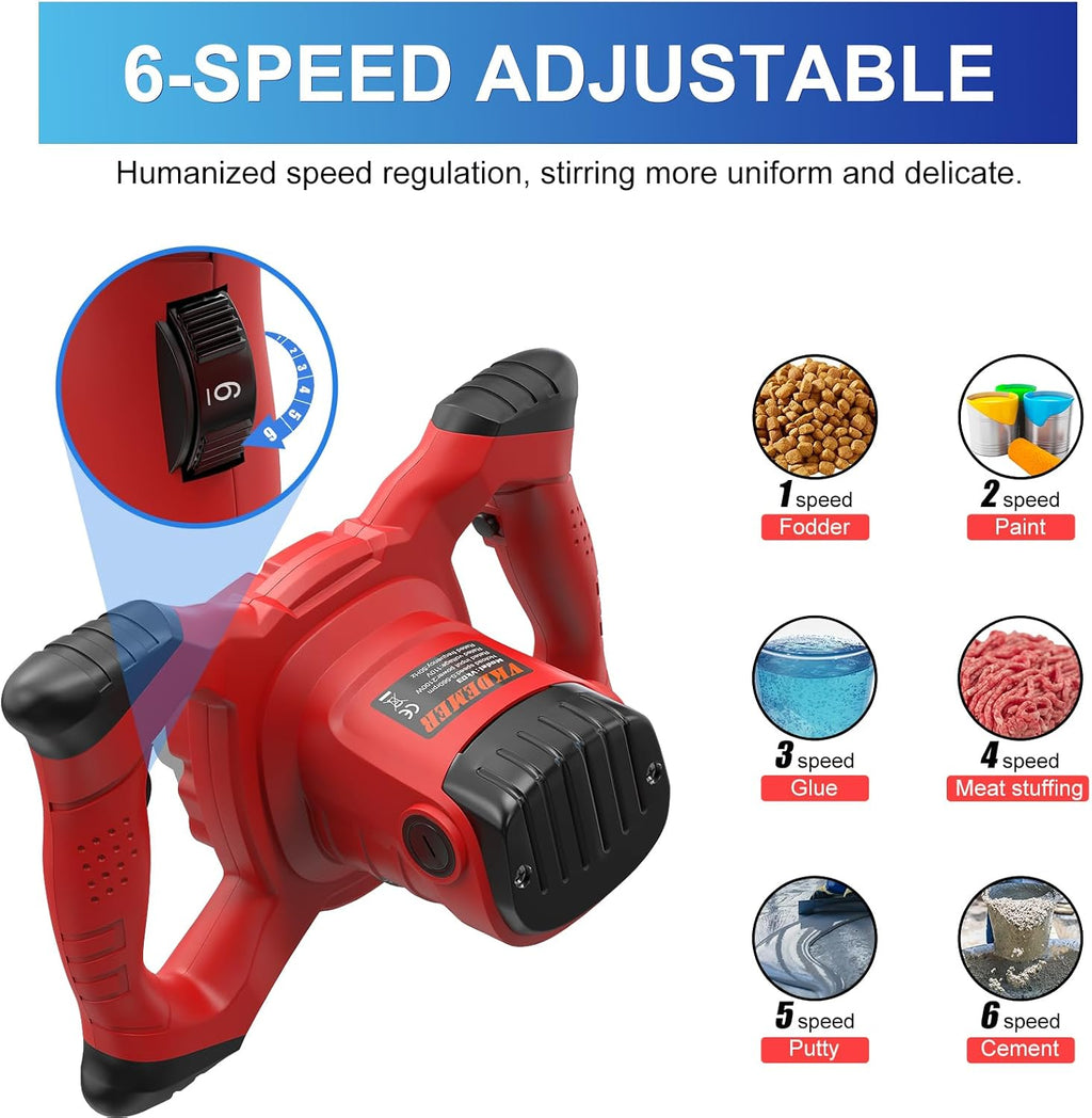 Electric Handheld Cement Mixer, 2pcs Mixing Heads Included, Portable Mortar Mixer with 6 Adjustable Speed, 110V Mud