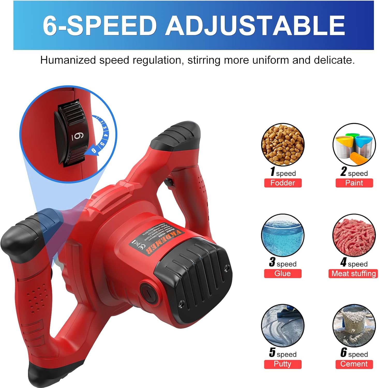 Electric Handheld Cement Mixer, 2pcs Mixing Heads Included, Portable Mortar Mixer with 6 Adjustable Speed, 110V Mud