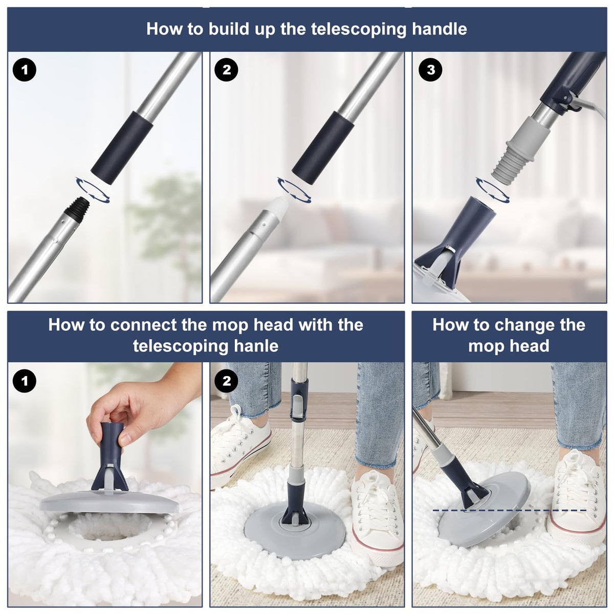 Spin Mop and Bucket System with 180-Degree Rotating Head