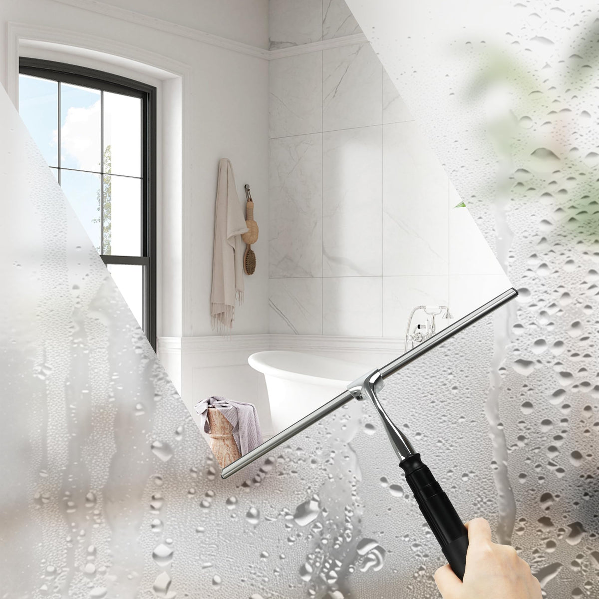 12-51’’ Telescopic Window Squeegee for High Windows, 2-in-1 Window Cleaning Kit with Extra Silicone Blade & Hook