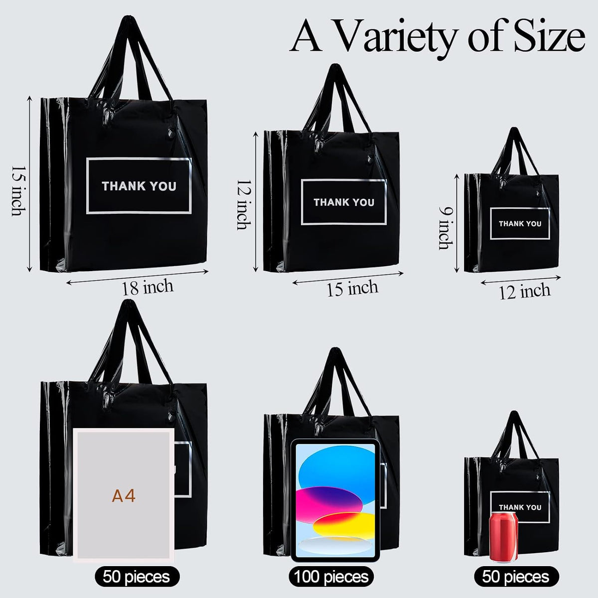 200 Pack Thank You Bags, Black Plastic Retail Bags with Handles