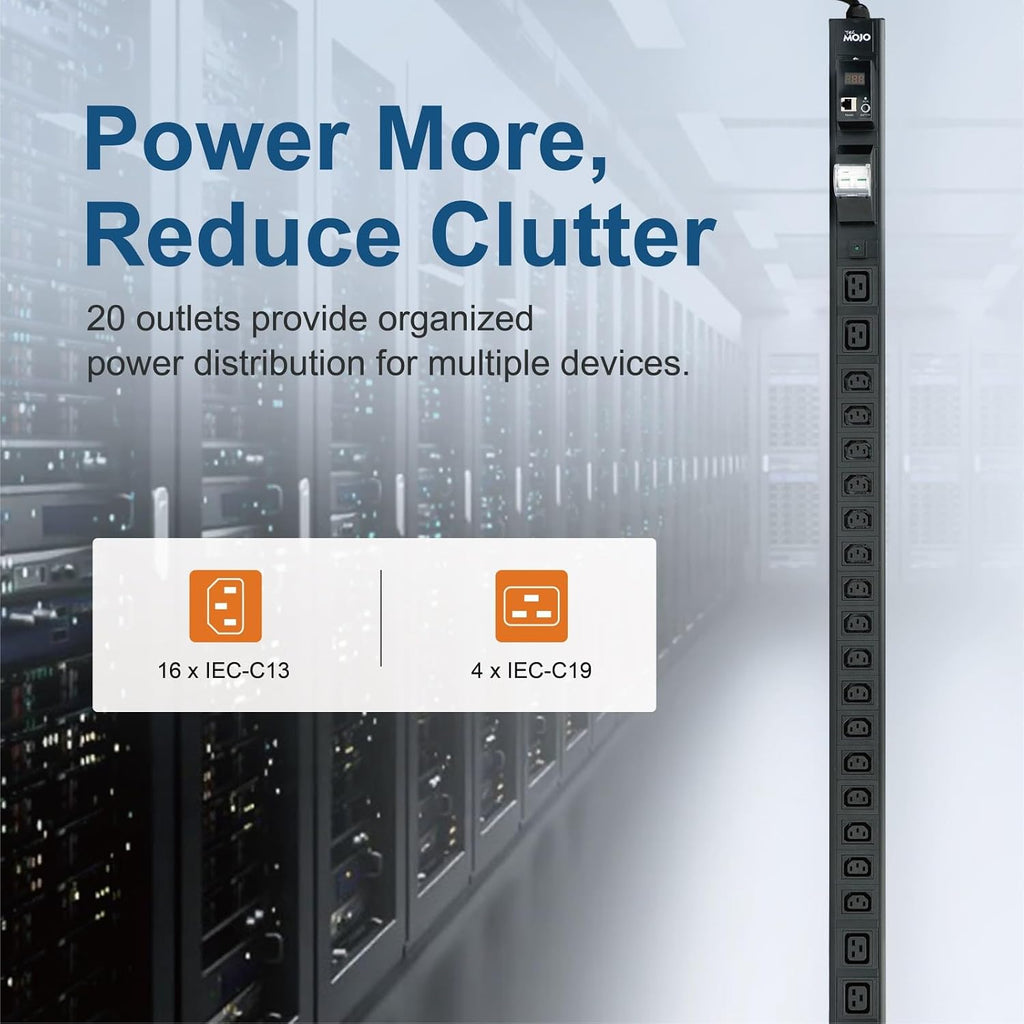Tecmojo 20-Outlet 0U Metered Vertical PDU, 16 IEC C13 + 4 IEC C19, RS485 Modbus RTU (SKU# 13122002)