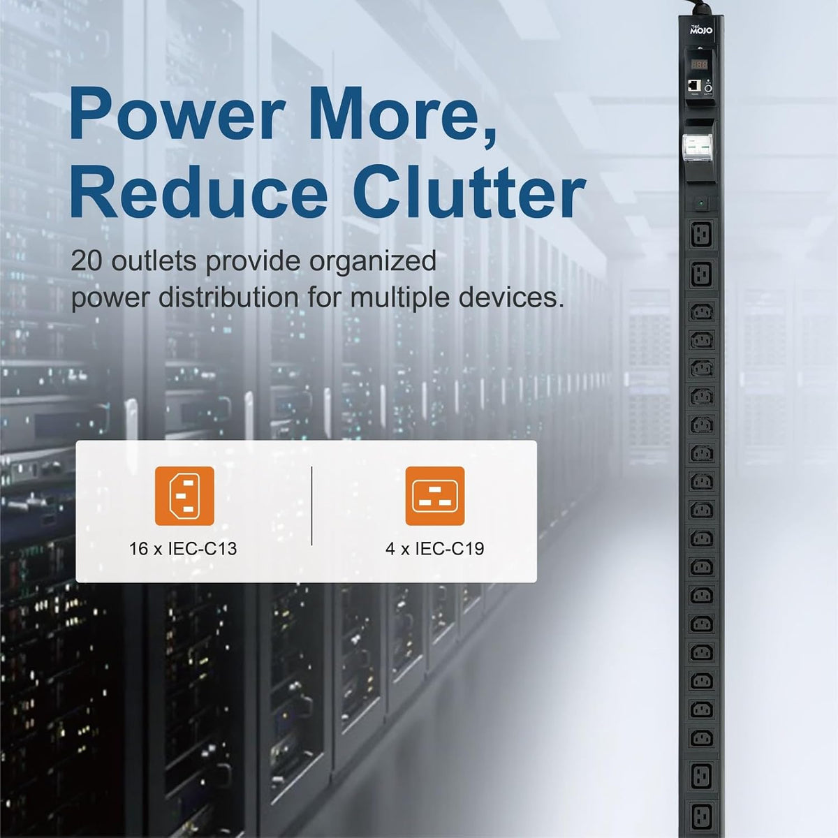 Tecmojo 20-Outlet 0U Metered Vertical PDU, 16 IEC C13 + 4 IEC C19, RS485 Modbus RTU (SKU# 13122002)