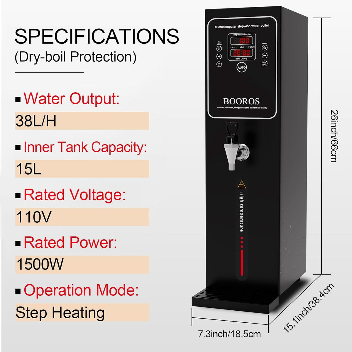 15L Commercial Hot Water Dispenser, 1500W Step Heating, Black