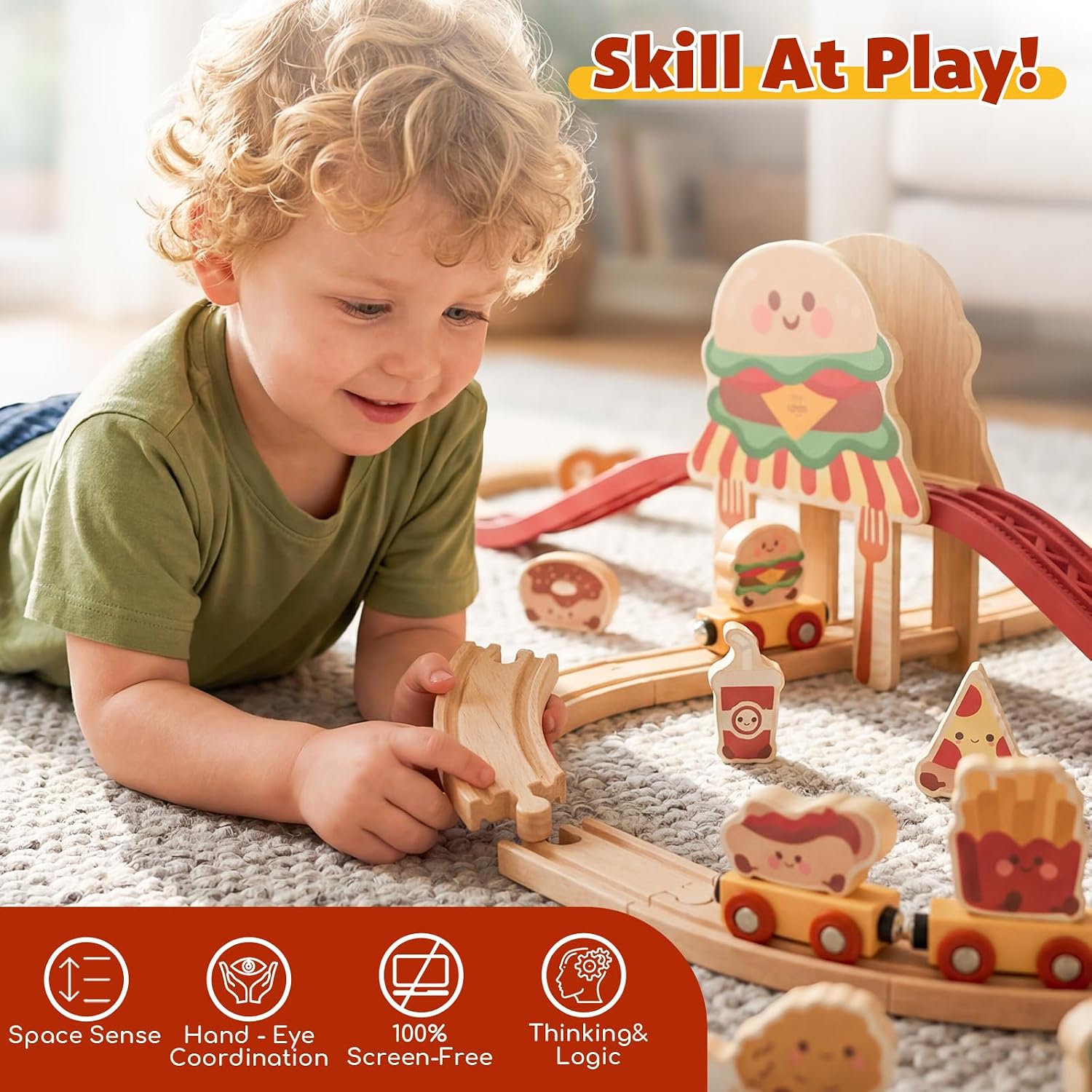 Wooden Train Set for Toddlers, Burger-Themed Train Track Set | Expandable Wooden Railway Playset, Compatible with