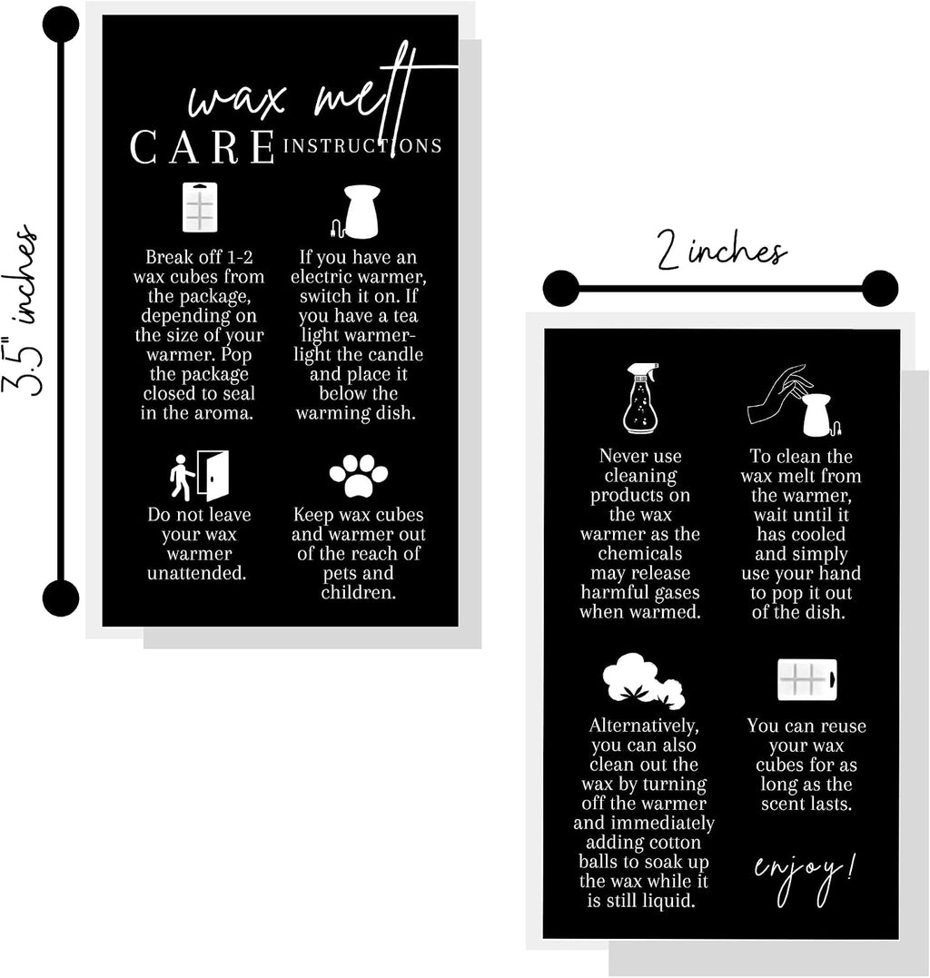 Wax Melt Instruction Cards | 50 pk 2 x 3.5” Wax Melt Supplies Homemade Customer Thank You How To Care for wax cube