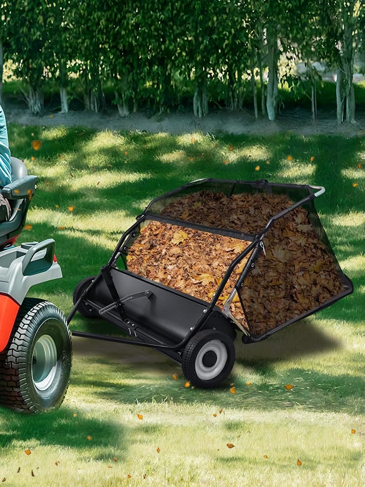 Pull Behind Lawn Sweeper with Dumping Rope, 44” Tow Behind Leaf Collector, Adjustable Height Yard Sweeper with Large