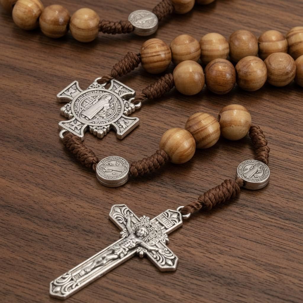 Nazareth Store Sacred St Benedict Wood Beads Rosary Solid Wooden Prayer Chaplet with Cross Saint Medal & Silver Jesus