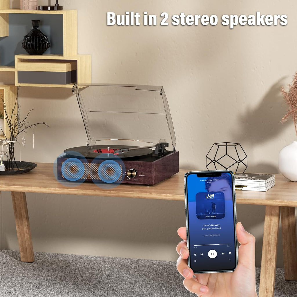 Vinyl Record Player Turntable with Built-in Bluetooth Receiver & 2 Stereo Speakers, 3 Speed 3 Size Portable Retro