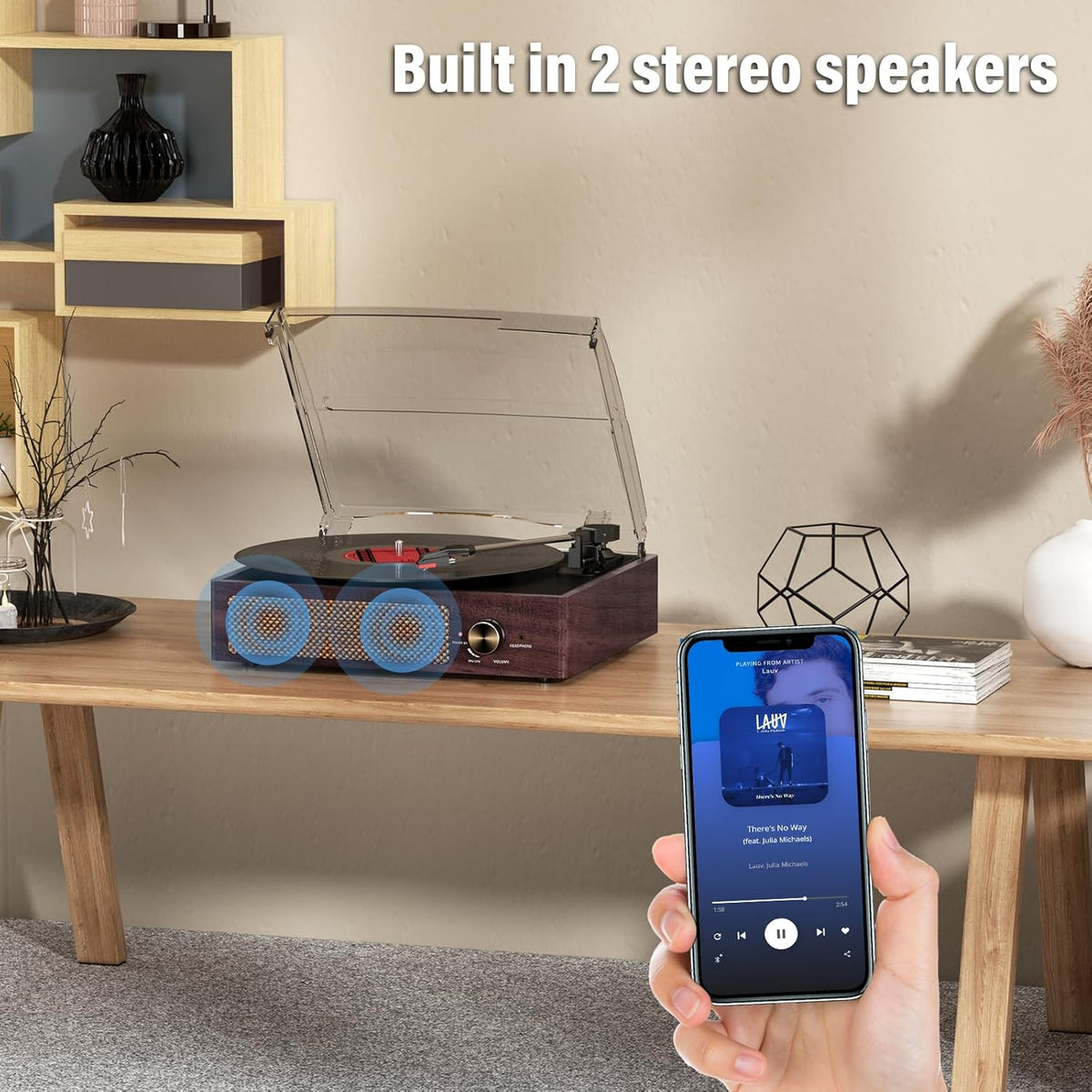 Vinyl Record Player Turntable with Built-in Bluetooth Receiver & 2 Stereo Speakers, 3 Speed 3 Size Portable Retro