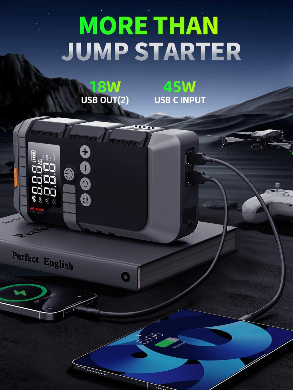 Portable Car Battery Jump Starter with Air Compressor, 6000A Car Battery Booster (All Gas/12L Diesel) with 45W Fast