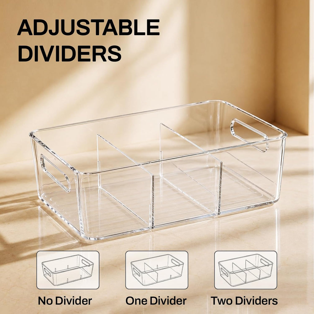 6 Pack Pantry Organizers and Storage,Clear Plastic Containers with 2 Dividers for Kitchen,Fridge Organization and