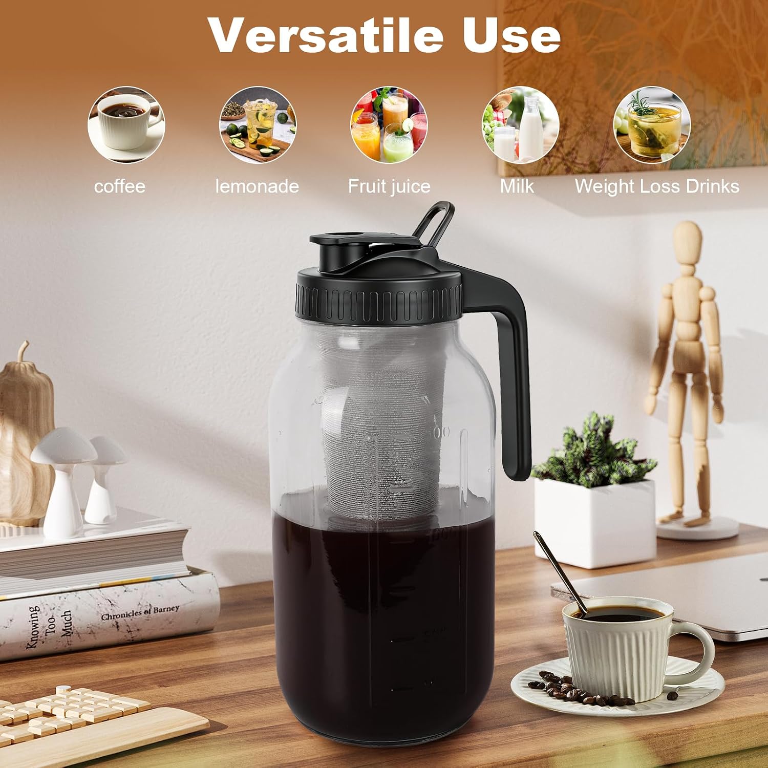 Cold Brew Coffee Maker,64 oz Mason Jar Pitcher with Stainless Steel Filter, Pour Spout Handle Lid, Heavy Duty Glass