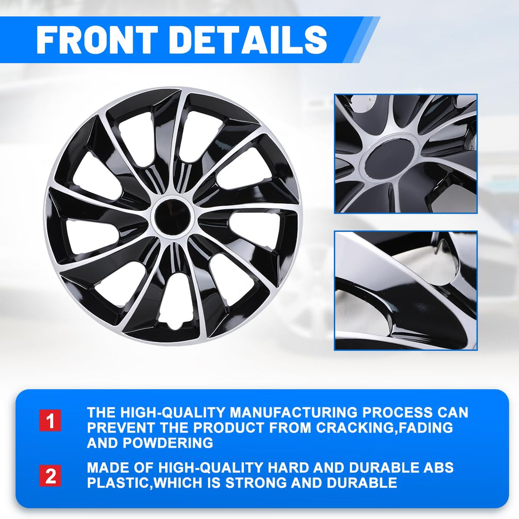 Hubcaps 15 Inch, 15" Universal Fit Wheel Covers, 4PCS, Black Silver