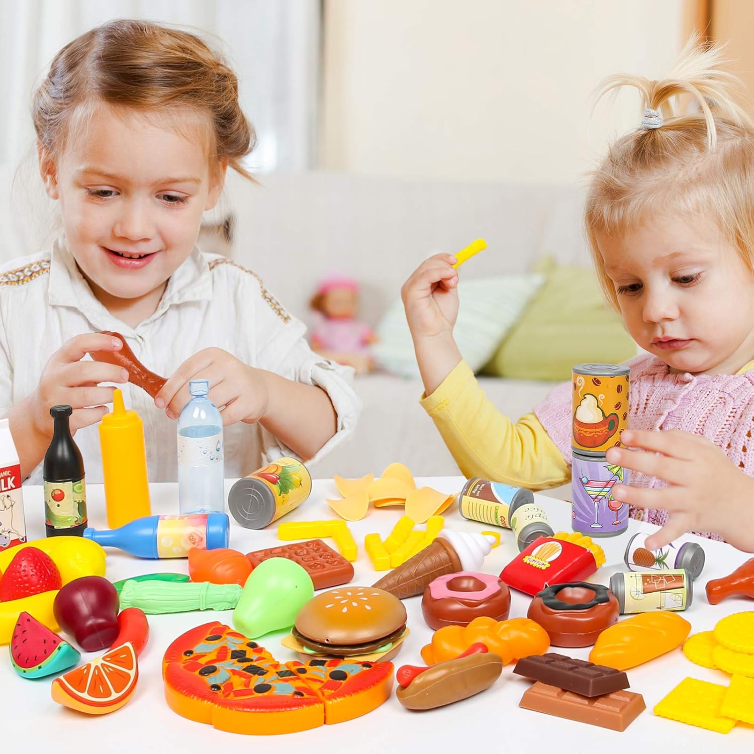 143 Piece Play Food for Kids Kitchen - Toy Assortment - Pretend Food for Toddler - Bonus Water Bottle + Deluxe Color