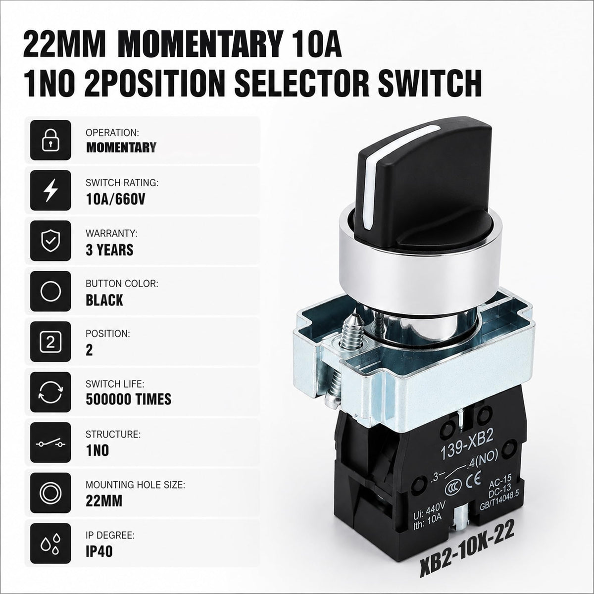 STARELO 22mm 2-Position Momentary Selector Switch 1NO 440V 2PCS