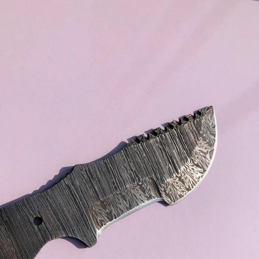 Damascus Tracker Knife Making Kit, Blank Blade, Wooden Handle Scales, Pins & Leather Sheath, DIY Handmade Kit for