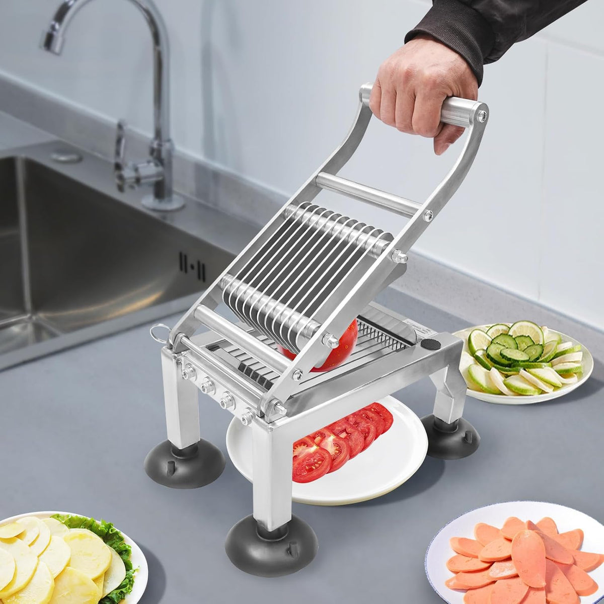 Commercial Stainless Steel Manual Fruit & Vegetable Slicer, 10mm Thickness Kitchen Prep Tool with Suction Cups for