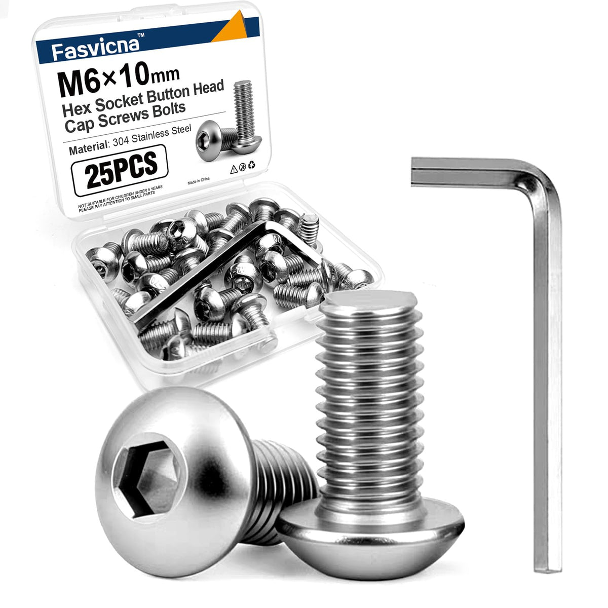 25PCS M6x10 Button Head Socket Cap Screws, 304 Stainless Steel