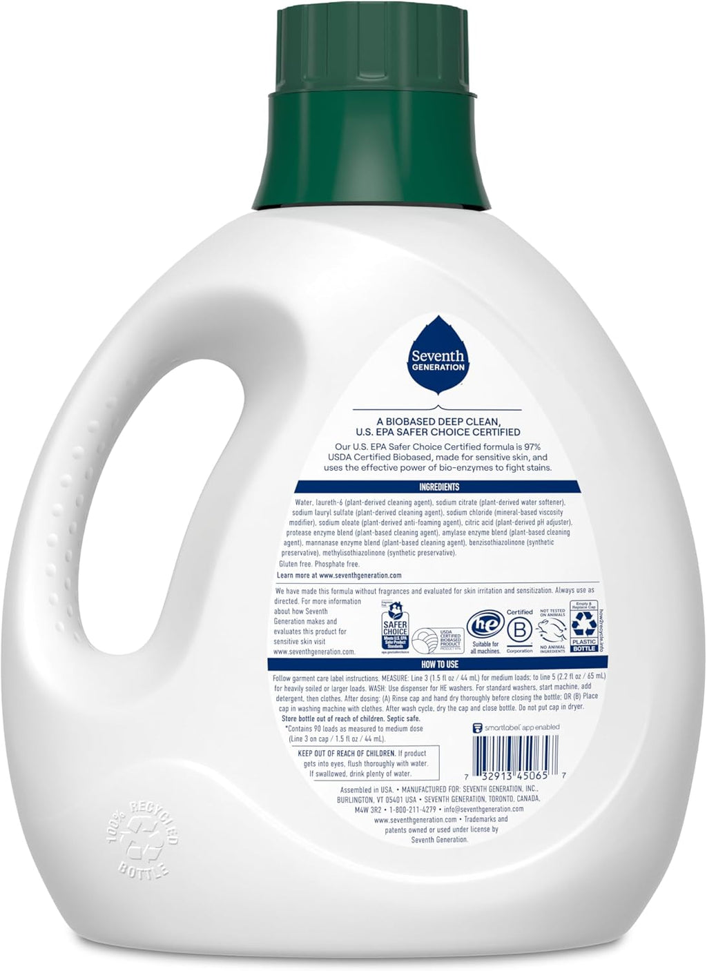 Liquid Laundry Detergent, Free & Clear, 90 Loads, USDA Certified 97% Biobased, 135 Fl Oz