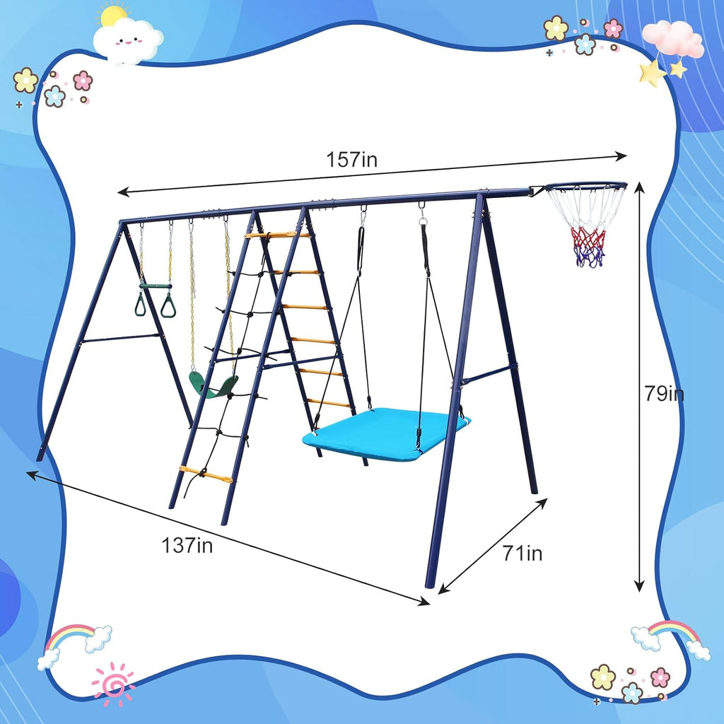 A-Frame Metal Swing Sets for Backyard, 6 in 1 Outdoor Playset with Climbing Ladder, Climbing Net, Trapeze Bar