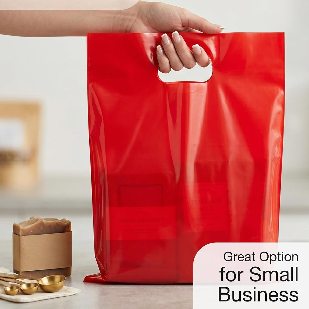 100 Red Plastic Bags With Handles 12x15 Merchandise Bags