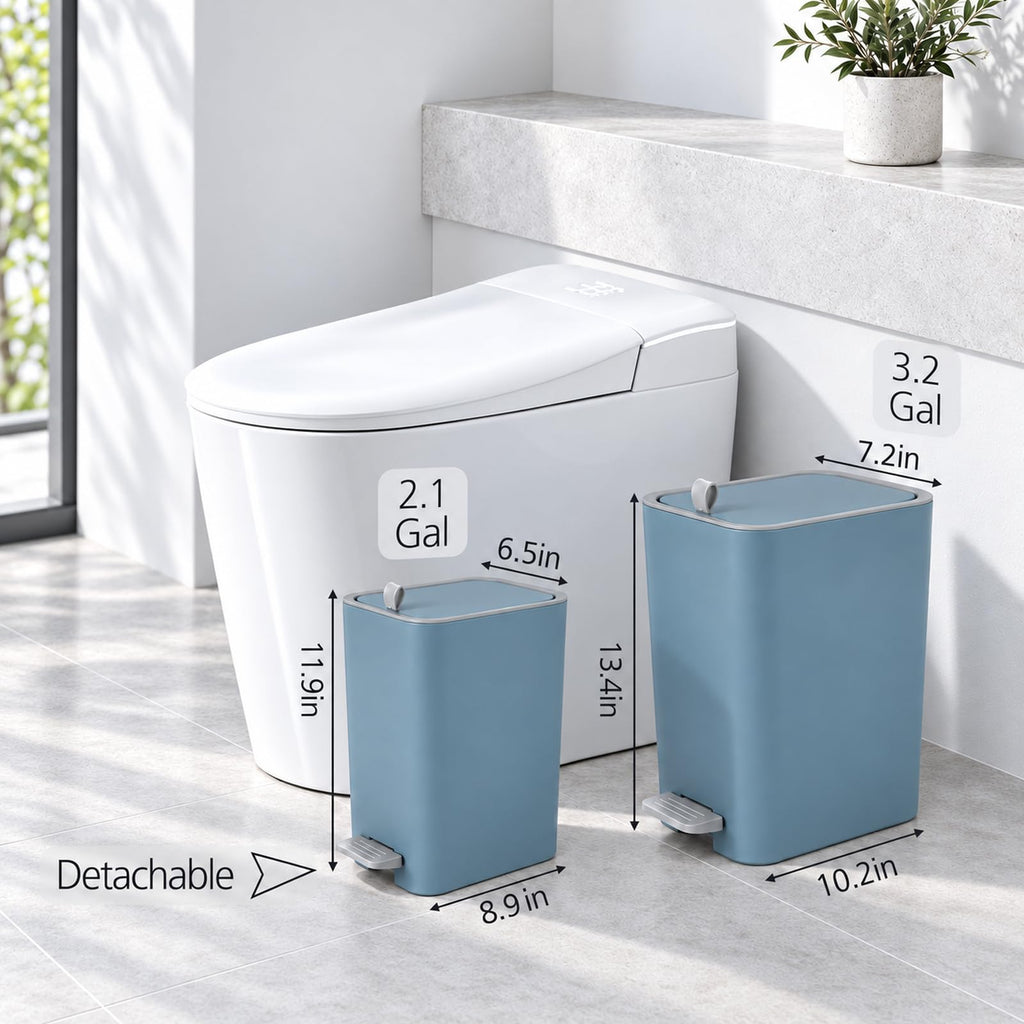 Small Bathroom Trash Can with Lid, 2.1 Gallon Slim Step Trash Can, Blue