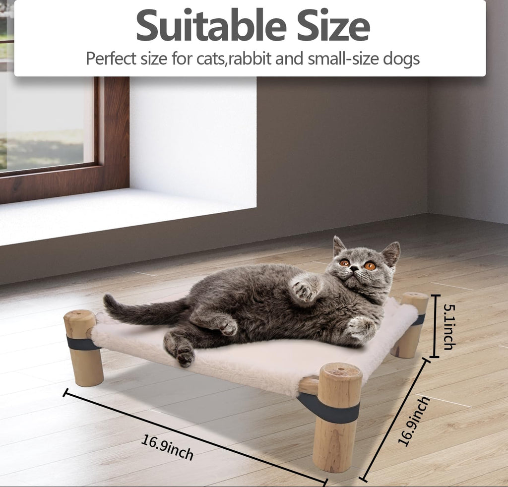 Cat Hammock Bed – Wooden Elevated Cat/Dog Bed with Fluffy Winter Fabric – Raised Pet Cot Furniture for Small Dogs