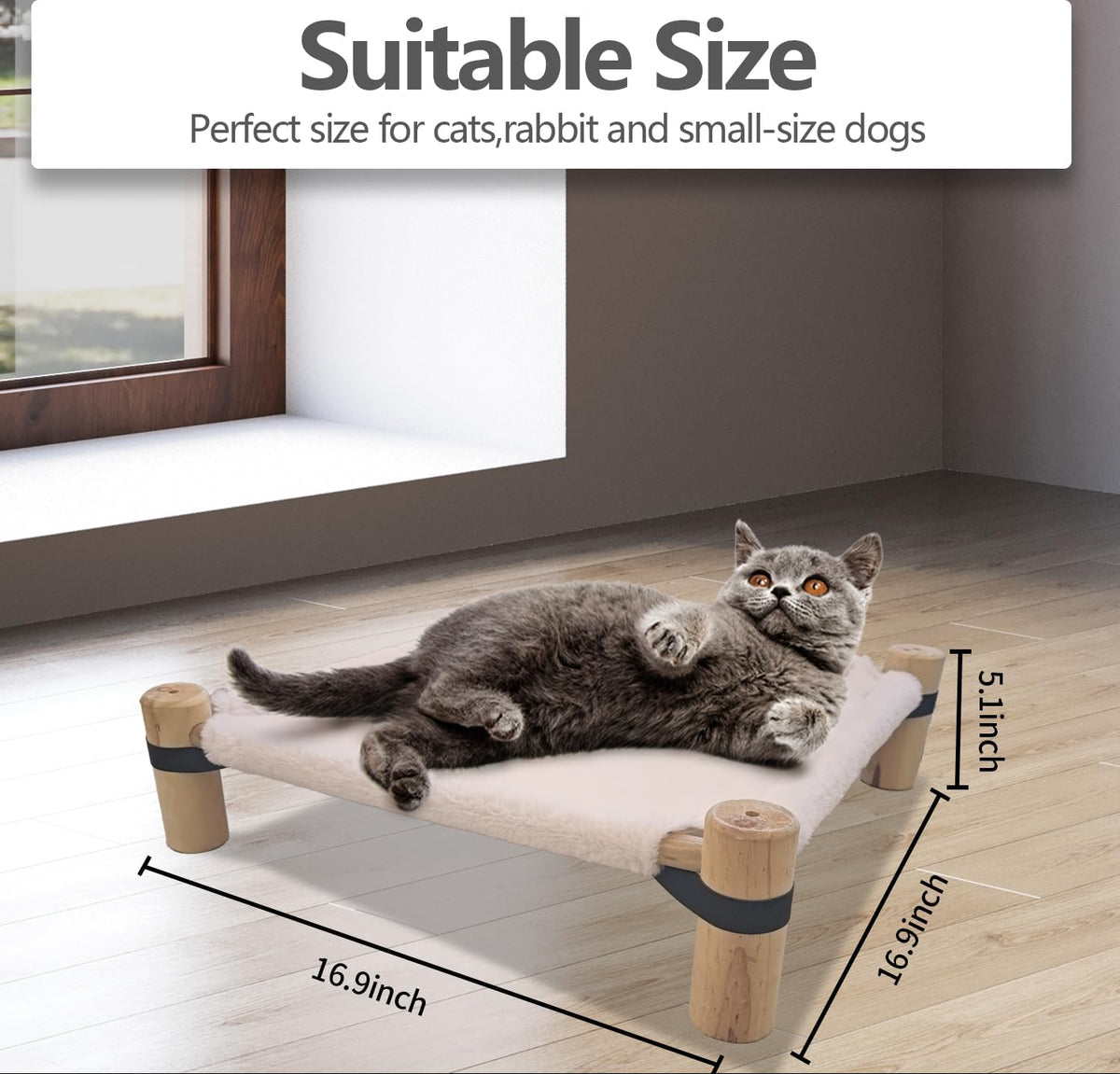 Cat Hammock Bed – Wooden Elevated Cat/Dog Bed with Fluffy Winter Fabric – Raised Pet Cot Furniture for Small Dogs
