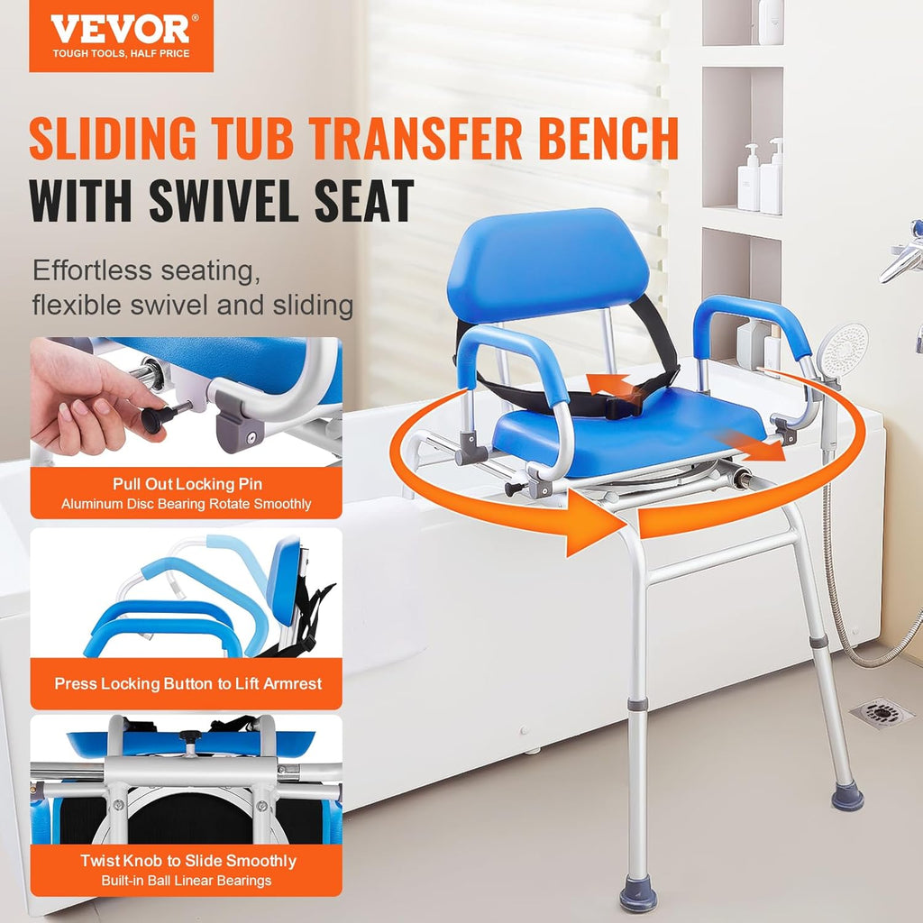 Sliding Tub Transfer Bench with 360 Degree Swivel Seat, Sliding Shower Chair with Pivoting Armrest & Padded Seat and