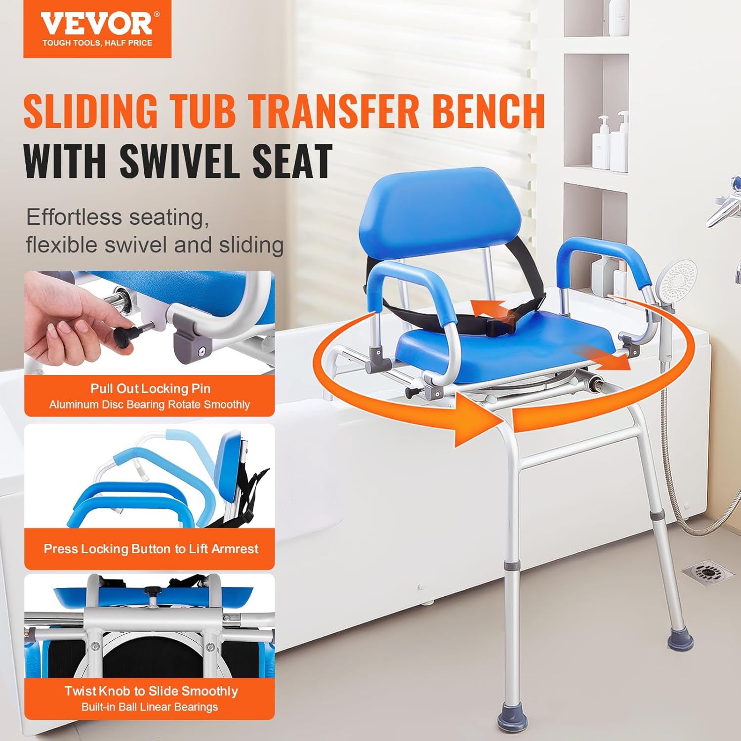 Sliding Tub Transfer Bench with 360 Degree Swivel Seat, Sliding Shower Chair with Pivoting Armrest & Padded Seat and