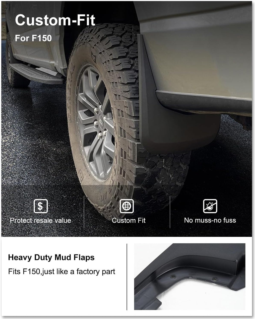 No Drill Mud Flaps for 2021-2026 Ford F-150 Without Fender | OEM Replacement # ML3Z-16A550-AA, ML3Z-16A550-BA, Heavy
