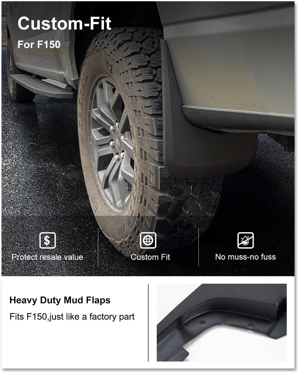 No Drill Mud Flaps for 2021-2026 Ford F-150 Without Fender | OEM Replacement # ML3Z-16A550-AA, ML3Z-16A550-BA, Heavy