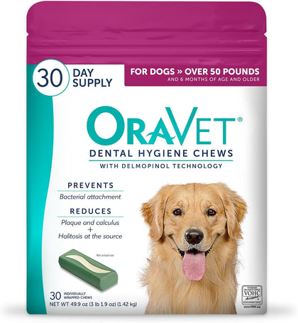 Dental Chews for Dogs, Oral Care and Hygiene Chews (Large Dogs, Over 50 lbs.) Pink Pouch, 30 Count (Pack of 1)