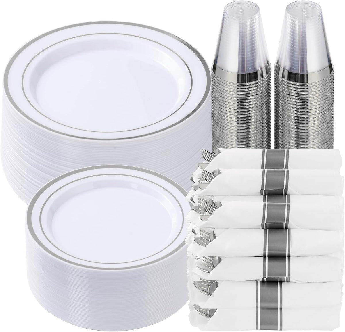 350 Piece Silver Plastic Dinnerware Set for 50 Guests