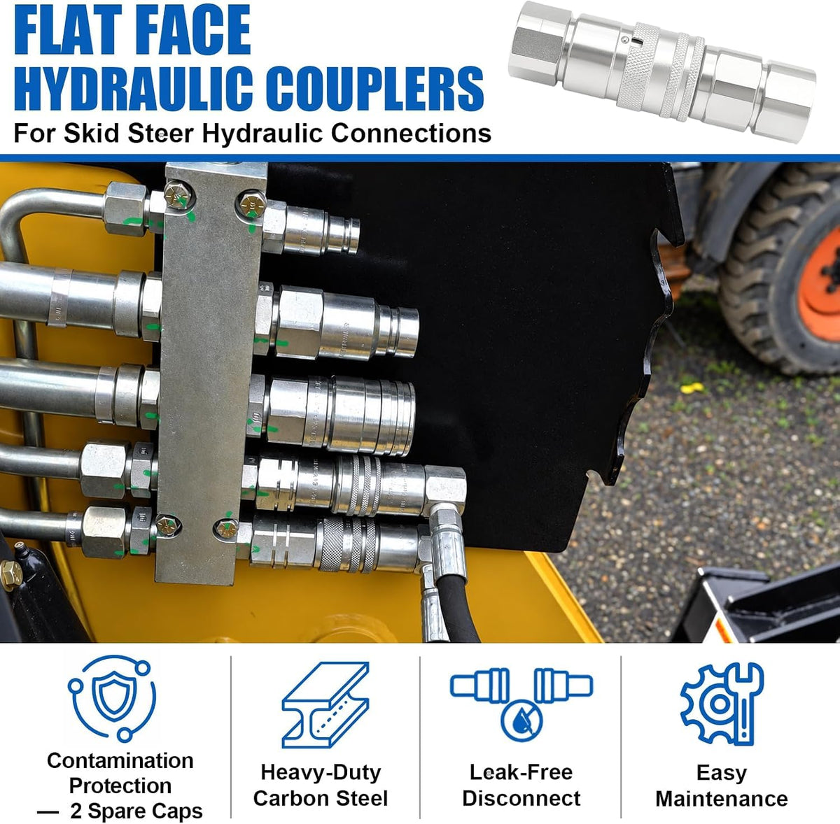 1/2" NPT Flat Face Hydraulic Couplers with 2 Extra Dust Caps(ISO16028)