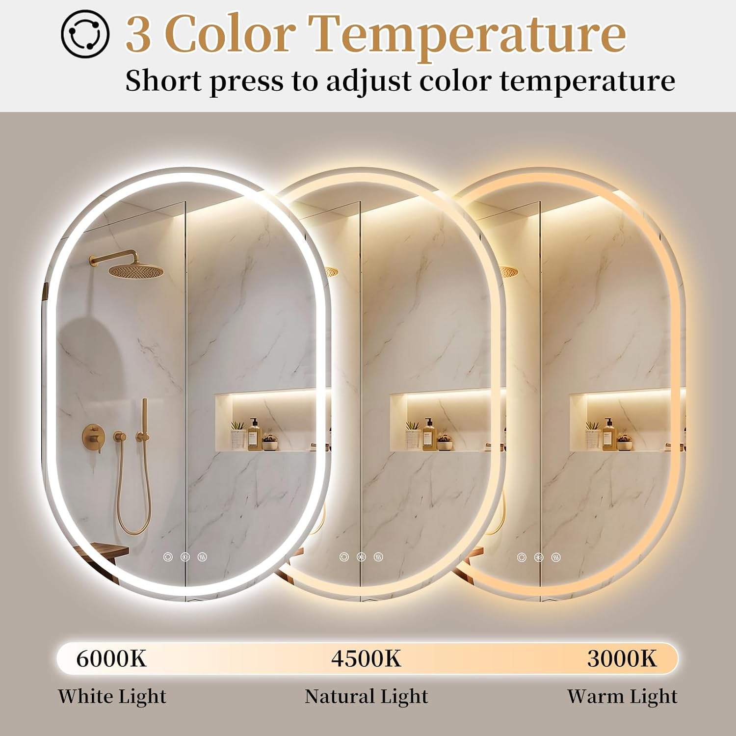 24x36'' Oval LED Lighted Bathroom Mirror with Lights | Frameless, Fogless, Dimmable, Shatterproof, Touch Sensor, 3