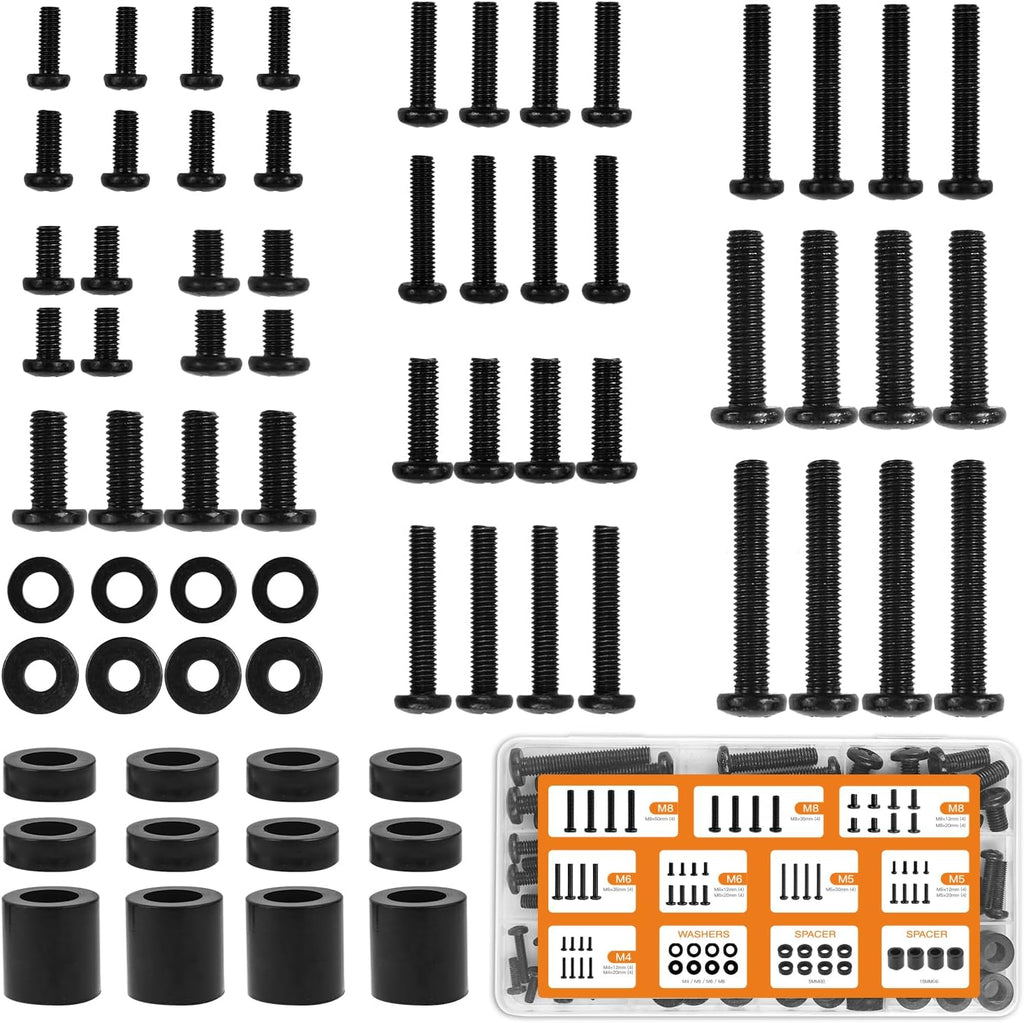 Universal TV Mounting Hardware Screw Kit Set with Box - M4 M5 M6 M8 Screws and Washers Spacers, Replacement Screws