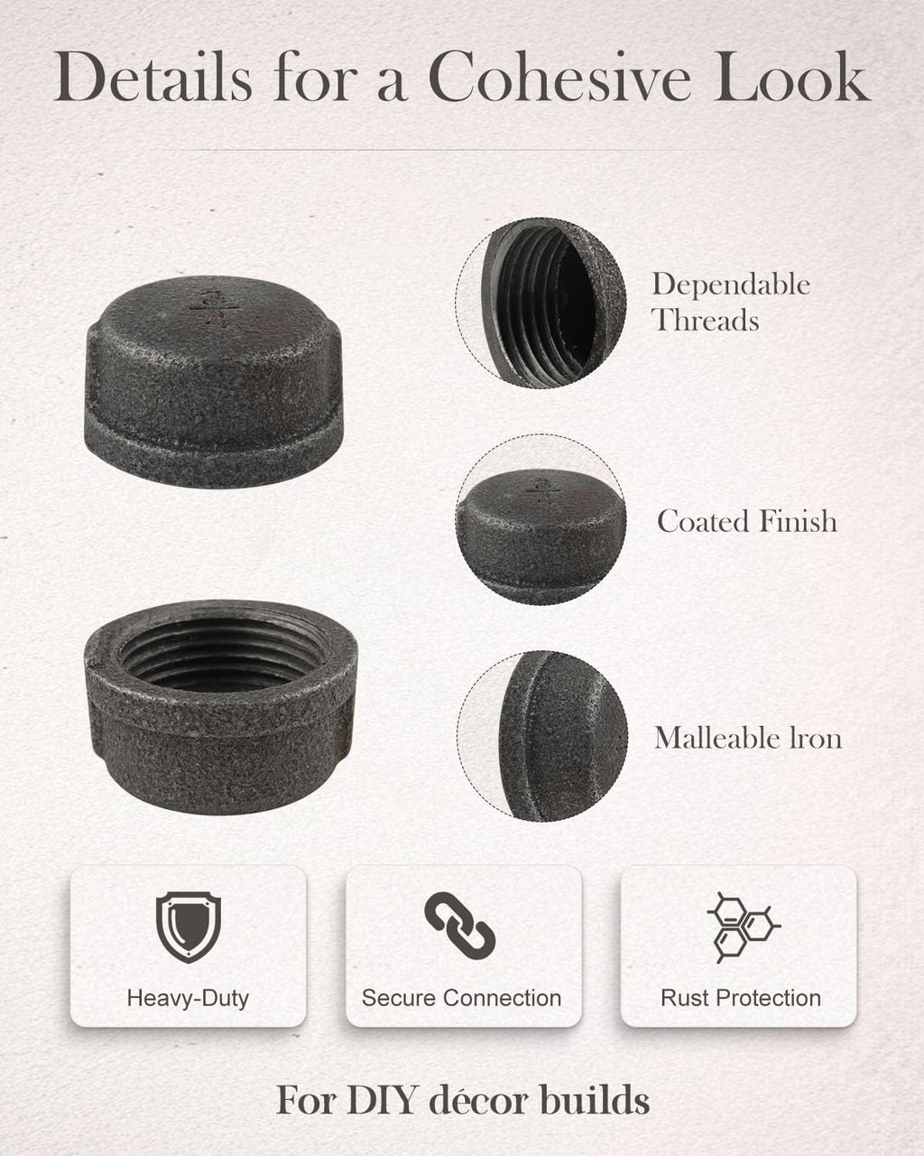 10 Pack 3/4" Malleable Cast Iron Pipe Cap, Black Threaded Fitting