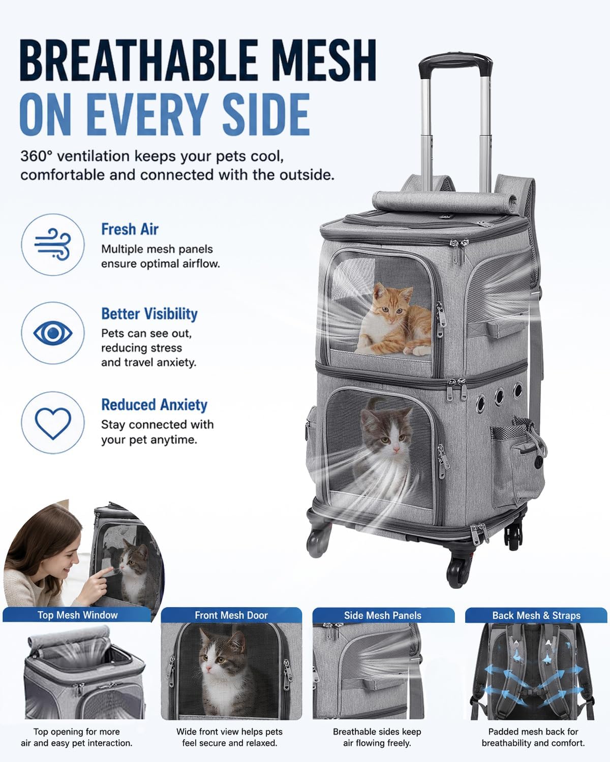 Double-Compartment Cat Carrier Backpack with Wheels for Two Pets
