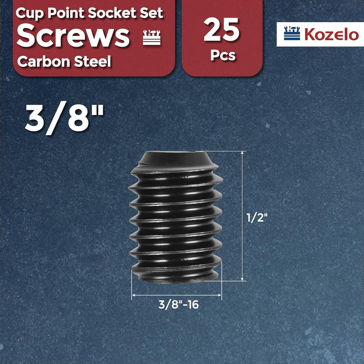 25Pcs Cup Point Socket Set Screws-3/8-16x1/2 Carbon Steel