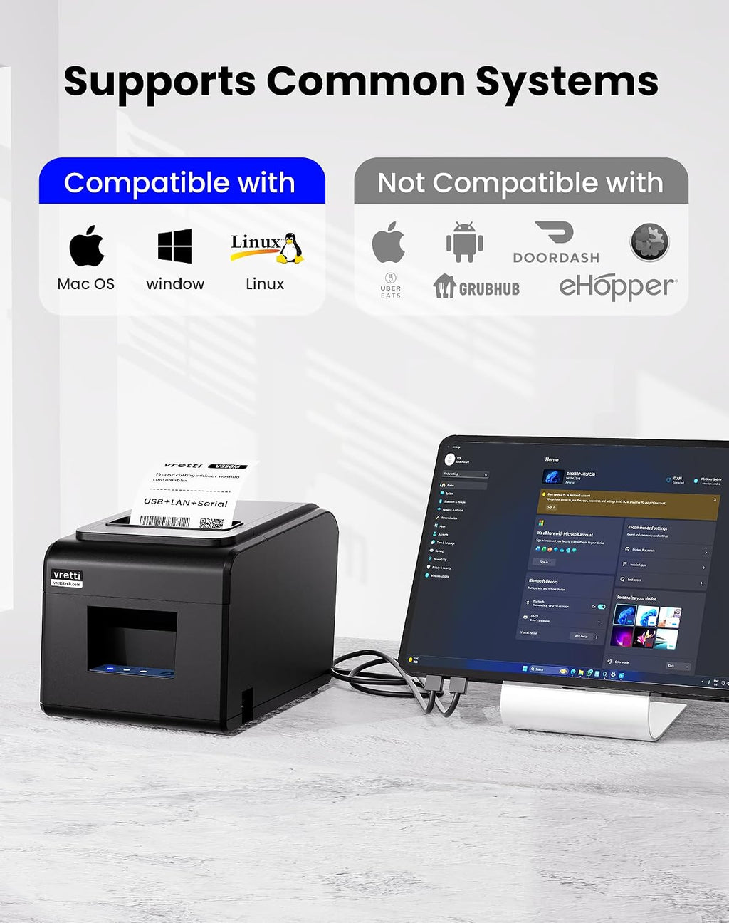 Thermal Receipt Printer, 3 1/8" 80mm Direct Thermal Printers | with USB Serial LAN Port - Kitchen POS Printer ESC/POS