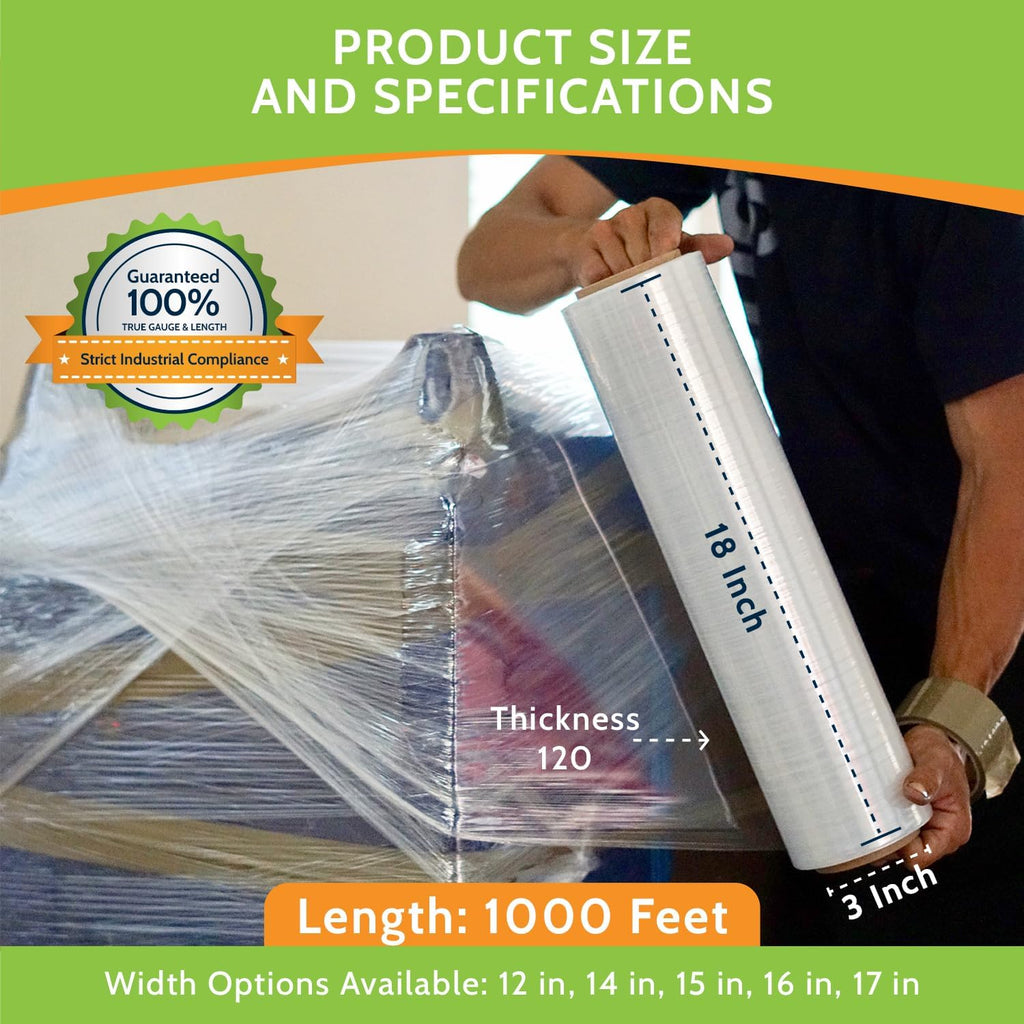 PSBM Cast Hand Plastic Stretch Wrap/Shrink Film 18" x 1000Ft 120 GA 4 Rolls | Heavy Duty up to 800% Ultimate Stretch