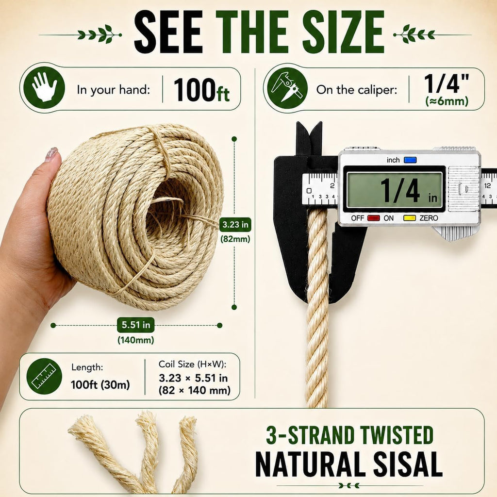 Sisal Rope for Cat Scratching Post 6mm (1/4 Inch) x 100FT Twine