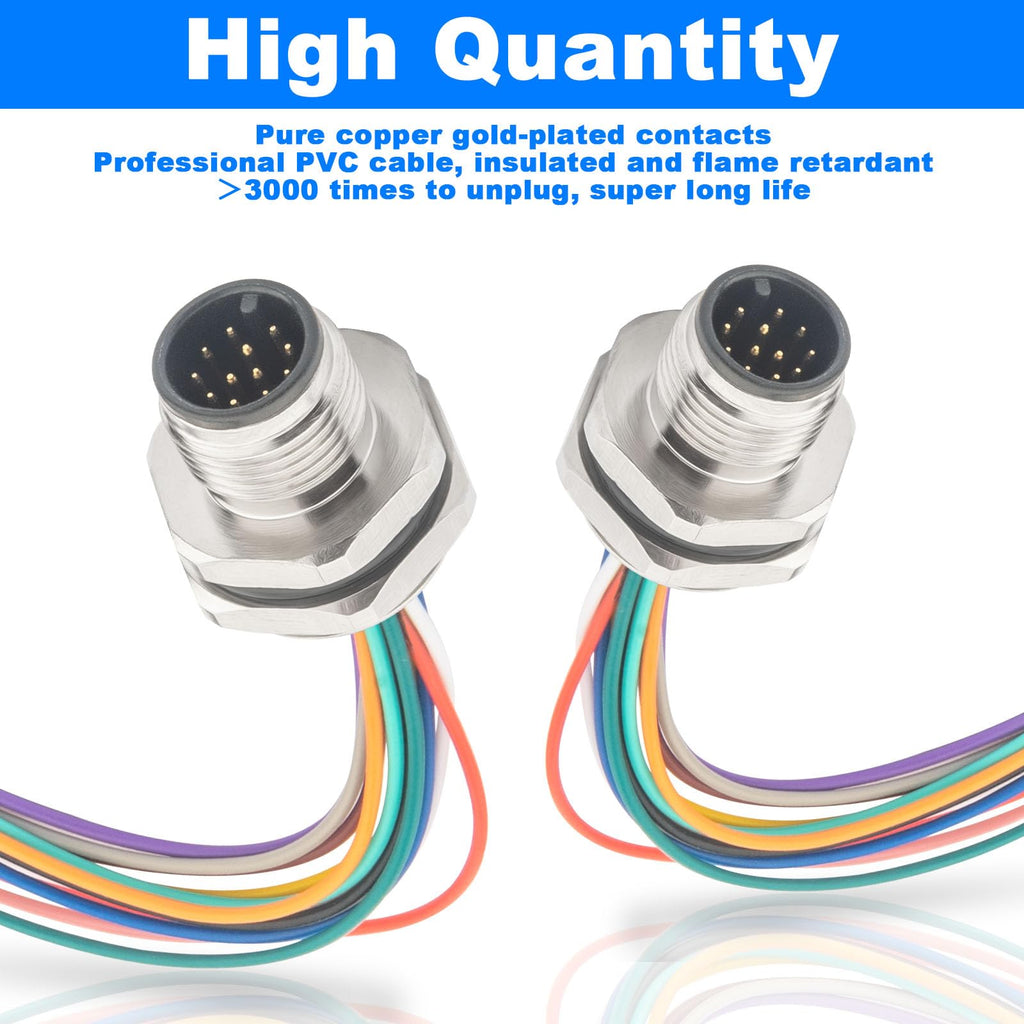 Hamadap 2-Pack M12 12 Pin A Code Male Connector with Trimmed Base 0.2M