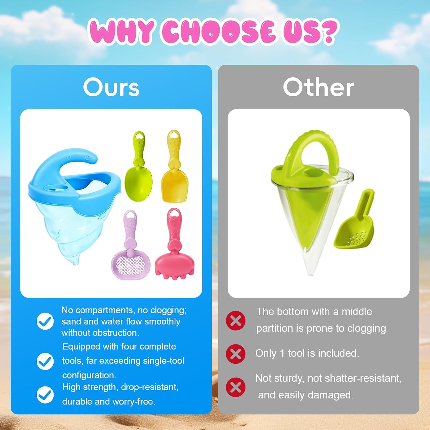 Beach Toys for Kids, 5Pcs Sand Spilling Funnel,Set with Shovel Rake Siftersand Spoon,Outdoor Sandbox Toys for