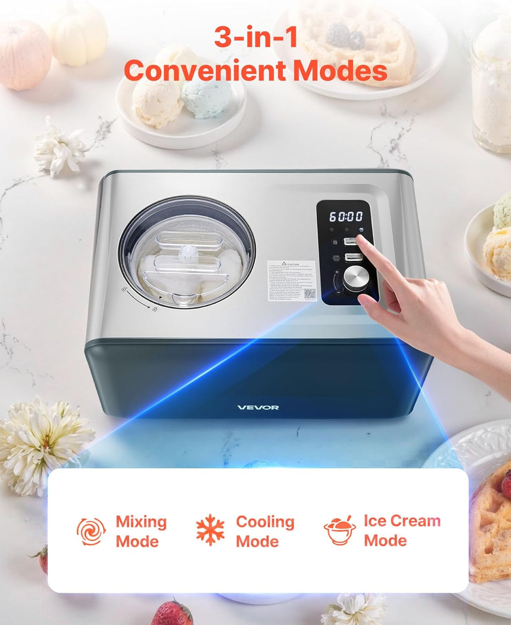 Automatic Ice Cream Maker with Built-in Compressor, 1.5 Quart No Pre-freezing Gelato Maker, Electric Sorbet-Maker, 3