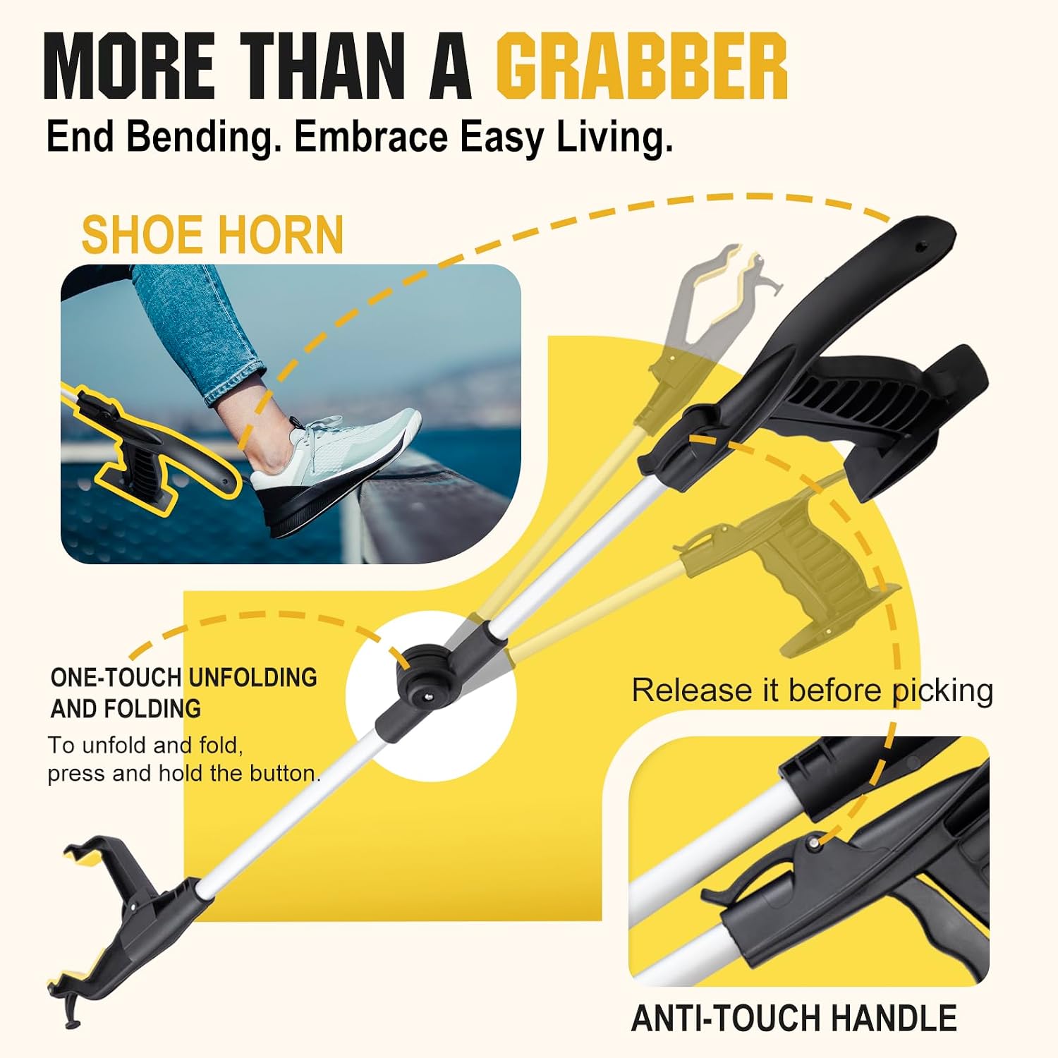 32" Grabber Reacher Tool, 2-Pack Foldable Reacher Grabber Pickup Tool with Shoe Horn, Trash Picker Upper Grabber with
